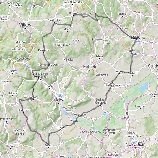 Map miniature of "Road Cycling Highlights around Bílovec" cycling inspiration in Moravskoslezsko, Czech Republic. Generated by Tarmacs.app cycling route planner