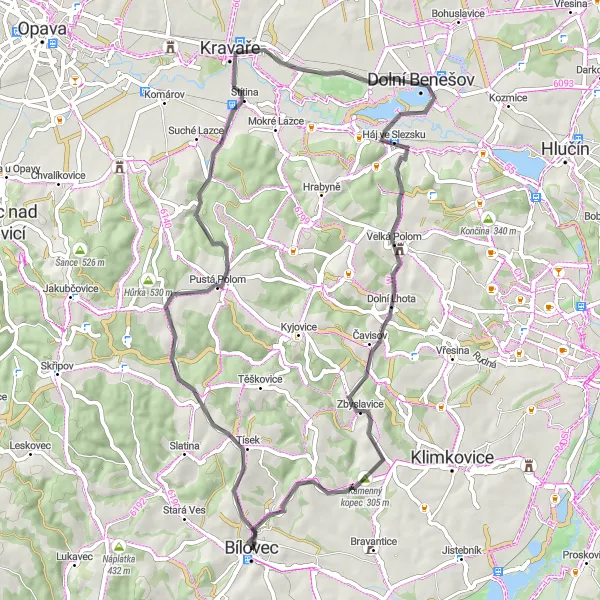 Miniaturní mapa "Cyklistická trasa okolo Bílovce" inspirace pro cyklisty v oblasti Moravskoslezsko, Czech Republic. Vytvořeno pomocí plánovače tras Tarmacs.app