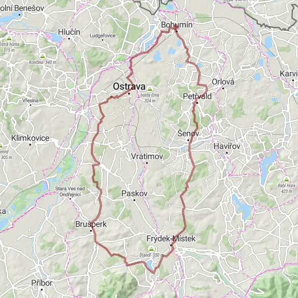 Mapa miniatúra "Poznávacia trasa okolo Petřvaldu" cyklistická inšpirácia v Moravskoslezsko, Czech Republic. Vygenerované cyklistickým plánovačom trás Tarmacs.app