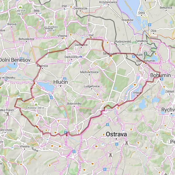 Miniaturní mapa "Gravel Trasa s Výhledem na Chałupki" inspirace pro cyklisty v oblasti Moravskoslezsko, Czech Republic. Vytvořeno pomocí plánovače tras Tarmacs.app