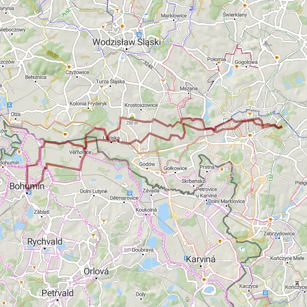 Map miniature of "Bohumín to Nový Bohumín Gravel Adventure" cycling inspiration in Moravskoslezsko, Czech Republic. Generated by Tarmacs.app cycling route planner