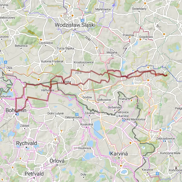 Mapa miniatúra "Gravelová trasa cez prírodné rezervácie" cyklistická inšpirácia v Moravskoslezsko, Czech Republic. Vygenerované cyklistickým plánovačom trás Tarmacs.app