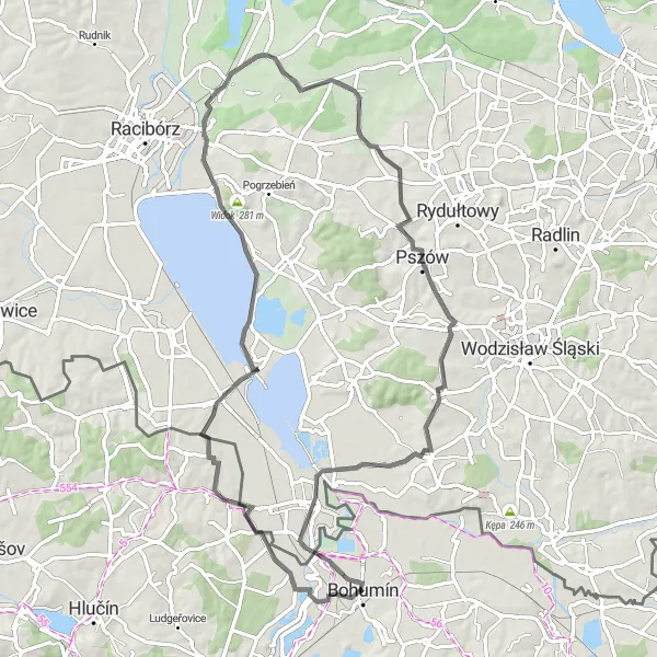 Miniatura mapy "Trasa szosowa Krzyżanowice - Zabełków" - trasy rowerowej w Moravskoslezsko, Czech Republic. Wygenerowane przez planer tras rowerowych Tarmacs.app
