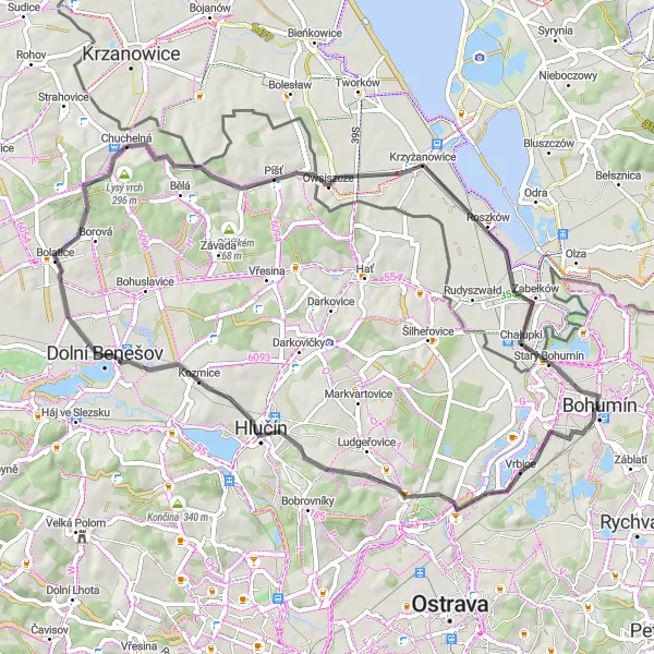Map miniature of "Bohumín to Dolní Benešov Circuit" cycling inspiration in Moravskoslezsko, Czech Republic. Generated by Tarmacs.app cycling route planner