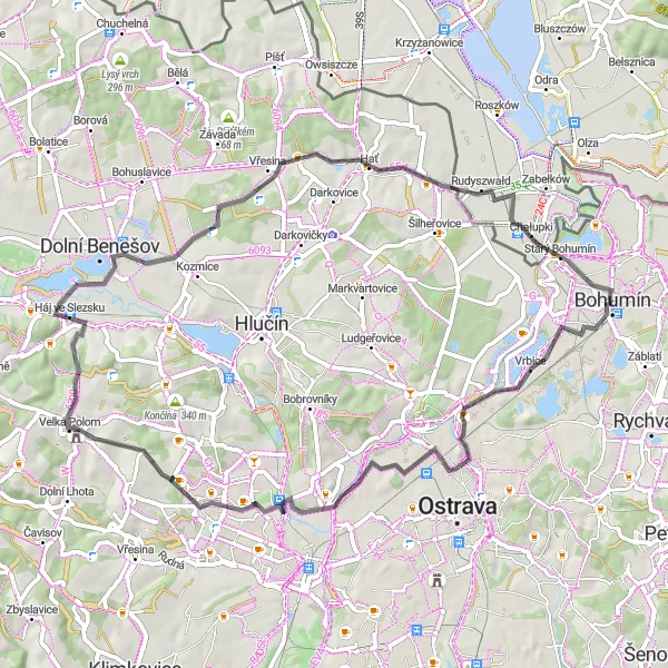 Miniaturní mapa "K pohoří Slezských kopce" inspirace pro cyklisty v oblasti Moravskoslezsko, Czech Republic. Vytvořeno pomocí plánovače tras Tarmacs.app