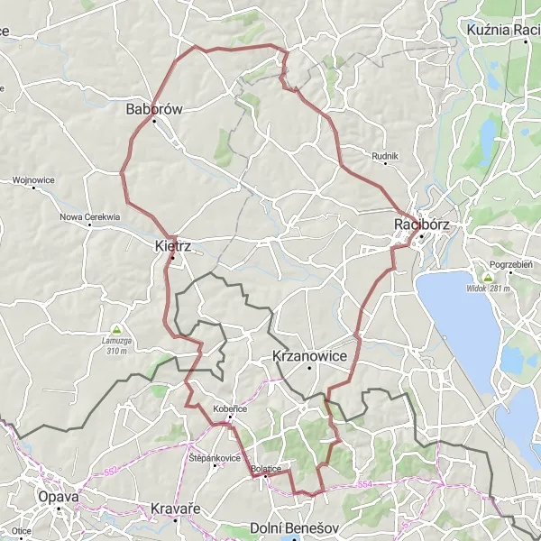 Map miniature of "Bohuslavice Explorer" cycling inspiration in Moravskoslezsko, Czech Republic. Generated by Tarmacs.app cycling route planner