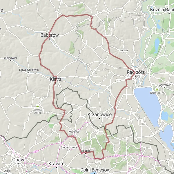 Miniaturní mapa "Kolovalský okruh přes Albertovec a Baborów" inspirace pro cyklisty v oblasti Moravskoslezsko, Czech Republic. Vytvořeno pomocí plánovače tras Tarmacs.app