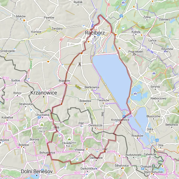 Karten-Miniaturansicht der Radinspiration "Entdeckungstour durch Krzyżanowice und Brzezie" in Moravskoslezsko, Czech Republic. Erstellt vom Tarmacs.app-Routenplaner für Radtouren