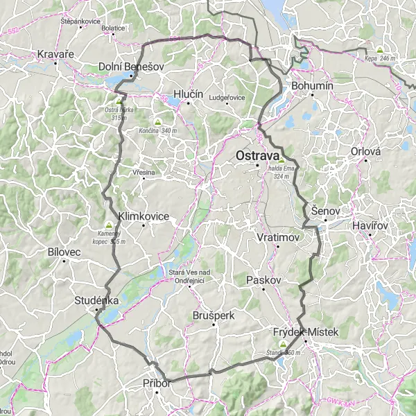 Miniaturní mapa "Road trip přes Muglinov a Ostrá hůrka" inspirace pro cyklisty v oblasti Moravskoslezsko, Czech Republic. Vytvořeno pomocí plánovače tras Tarmacs.app