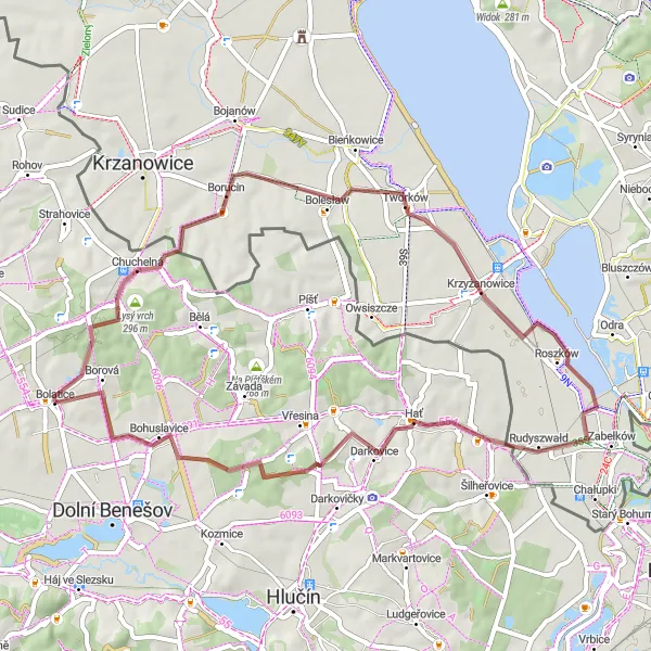 Mapa miniatúra "Gravelová skúsenosť" cyklistická inšpirácia v Moravskoslezsko, Czech Republic. Vygenerované cyklistickým plánovačom trás Tarmacs.app