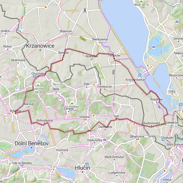 Map miniature of "Gravel Pathways and Chuchelná" cycling inspiration in Moravskoslezsko, Czech Republic. Generated by Tarmacs.app cycling route planner