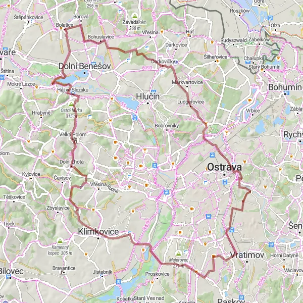 Map miniature of "Challenging Gravel Ride" cycling inspiration in Moravskoslezsko, Czech Republic. Generated by Tarmacs.app cycling route planner