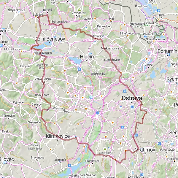 Mapa miniatúra "Gravel Trasa s historickými dedinami" cyklistická inšpirácia v Moravskoslezsko, Czech Republic. Vygenerované cyklistickým plánovačom trás Tarmacs.app