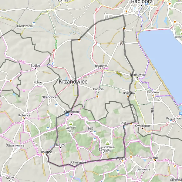Mapa miniatúra "Cyklistická trasa okolo Bolatic" cyklistická inšpirácia v Moravskoslezsko, Czech Republic. Vygenerované cyklistickým plánovačom trás Tarmacs.app