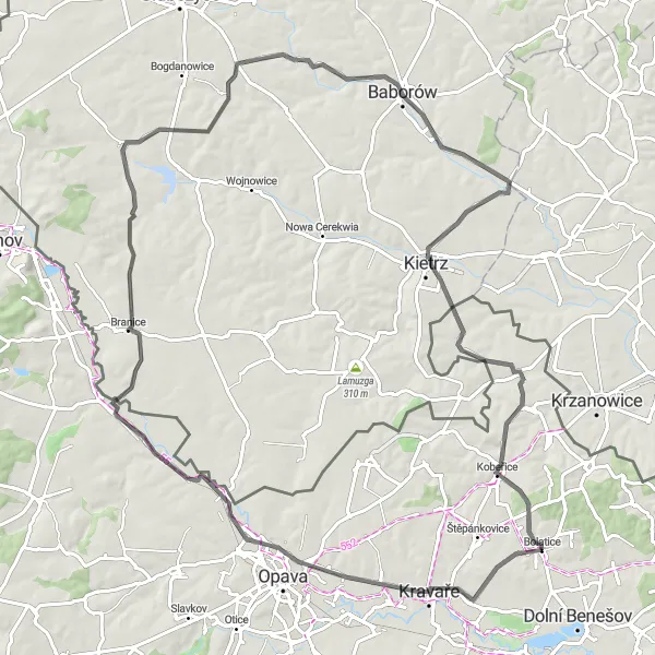 Miniaturní mapa "Silniční cyklotrasa Velké Hoštice - Kobeřice" inspirace pro cyklisty v oblasti Moravskoslezsko, Czech Republic. Vytvořeno pomocí plánovače tras Tarmacs.app