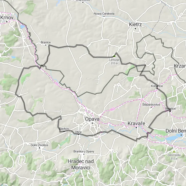 Map miniature of "Kouty and the Historic Towns" cycling inspiration in Moravskoslezsko, Czech Republic. Generated by Tarmacs.app cycling route planner