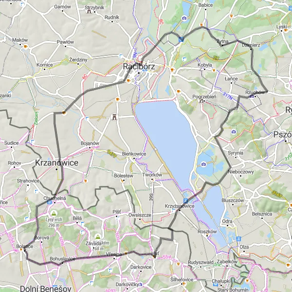 Map miniature of "Nature and Historic Sites" cycling inspiration in Moravskoslezsko, Czech Republic. Generated by Tarmacs.app cycling route planner