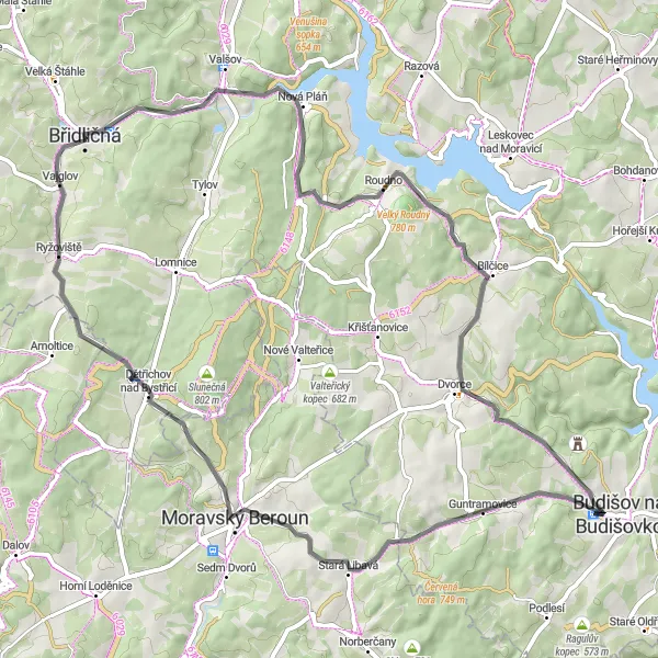 Mapa miniatúra "Koločes do kopcov okolo Břidličného" cyklistická inšpirácia v Moravskoslezsko, Czech Republic. Vygenerované cyklistickým plánovačom trás Tarmacs.app