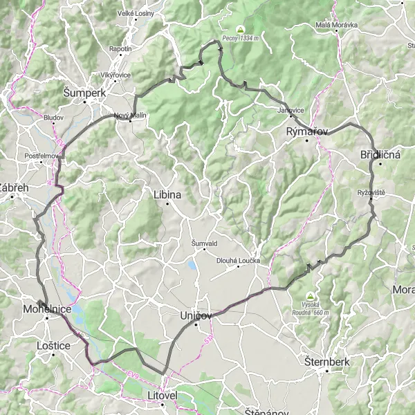 Miniaturní mapa "Výlet po okolí Unicova" inspirace pro cyklisty v oblasti Moravskoslezsko, Czech Republic. Vytvořeno pomocí plánovače tras Tarmacs.app