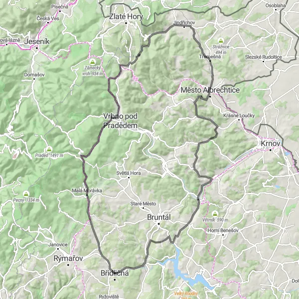Miniaturní mapa "Závěrečná piha po Jesenikách" inspirace pro cyklisty v oblasti Moravskoslezsko, Czech Republic. Vytvořeno pomocí plánovače tras Tarmacs.app