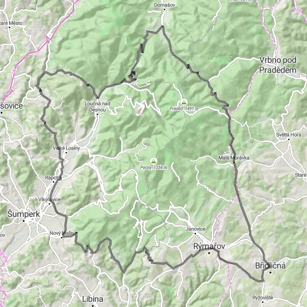 Mapa miniatúra "Výzva na bicykli okolo Břidličného" cyklistická inšpirácia v Moravskoslezsko, Czech Republic. Vygenerované cyklistickým plánovačom trás Tarmacs.app