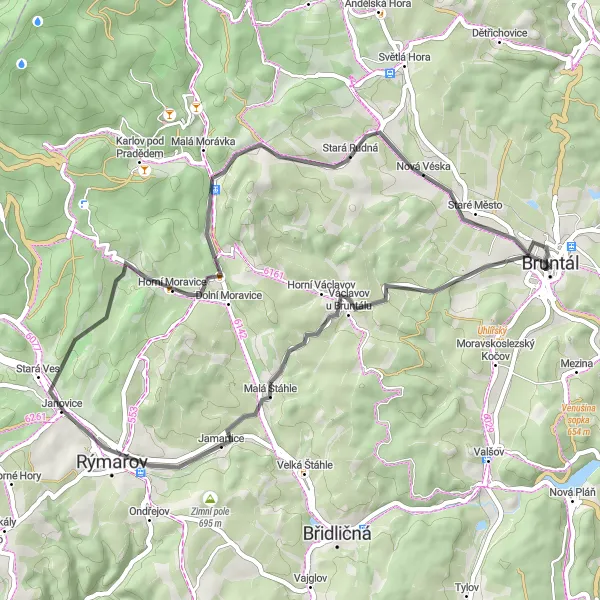 Mapa miniatúra "Okolím Bruntálu" cyklistická inšpirácia v Moravskoslezsko, Czech Republic. Vygenerované cyklistickým plánovačom trás Tarmacs.app