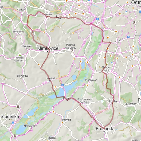 Miniaturní mapa "Gravel Road to Vřesina" inspirace pro cyklisty v oblasti Moravskoslezsko, Czech Republic. Vytvořeno pomocí plánovače tras Tarmacs.app