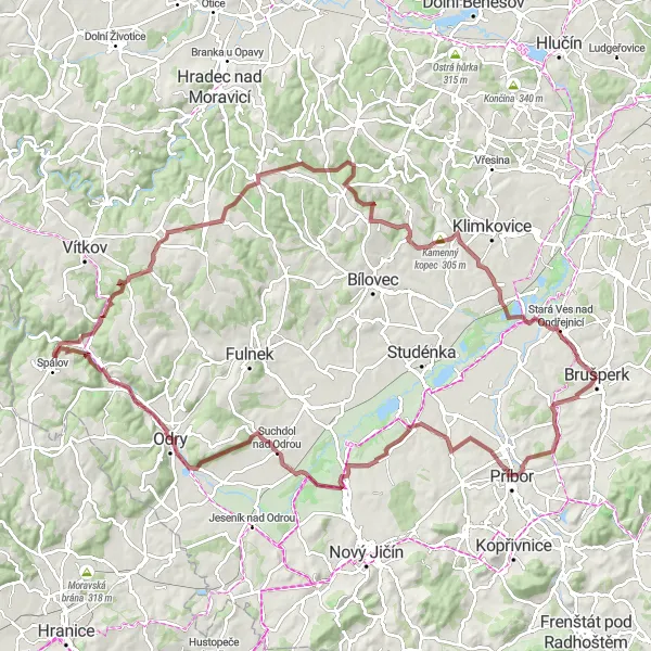 Miniaturní mapa "Gravel Route - Hončova hůrka to Brušperk" inspirace pro cyklisty v oblasti Moravskoslezsko, Czech Republic. Vytvořeno pomocí plánovače tras Tarmacs.app