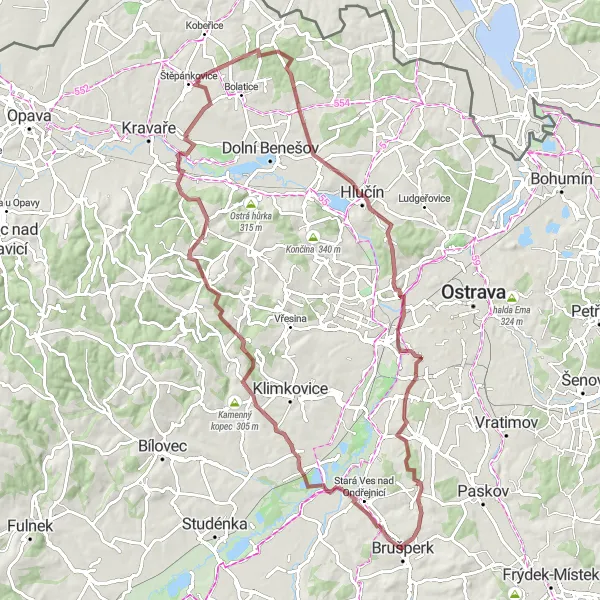 Miniaturní mapa "Gravel Route - Olbramice to Brušperk" inspirace pro cyklisty v oblasti Moravskoslezsko, Czech Republic. Vytvořeno pomocí plánovače tras Tarmacs.app