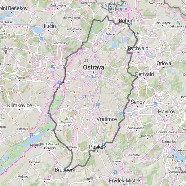 Miniaturní mapa "Road Route - Brušperk to Paskov" inspirace pro cyklisty v oblasti Moravskoslezsko, Czech Republic. Vytvořeno pomocí plánovače tras Tarmacs.app