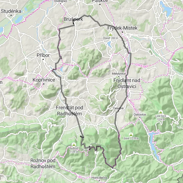 Miniaturní mapa "Silniční trasa s výhledy na Pustevny" inspirace pro cyklisty v oblasti Moravskoslezsko, Czech Republic. Vytvořeno pomocí plánovače tras Tarmacs.app