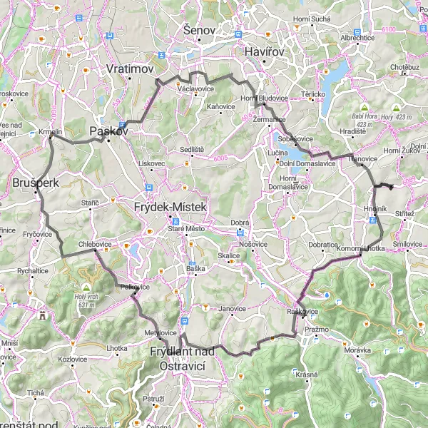 Map miniature of "Exploring the Beskydy Foothills" cycling inspiration in Moravskoslezsko, Czech Republic. Generated by Tarmacs.app cycling route planner