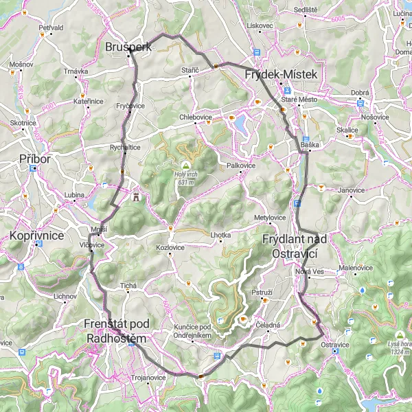 Miniaturní mapa "Road Route - Brušperk to Fryčovice" inspirace pro cyklisty v oblasti Moravskoslezsko, Czech Republic. Vytvořeno pomocí plánovače tras Tarmacs.app