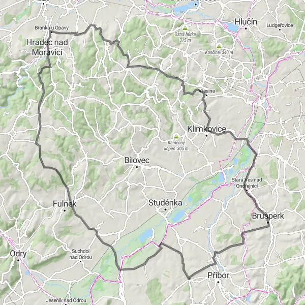 Miniaturní mapa "Road Route - Prchalov to Klimkovice" inspirace pro cyklisty v oblasti Moravskoslezsko, Czech Republic. Vytvořeno pomocí plánovače tras Tarmacs.app