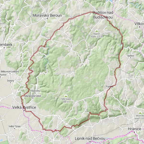 Miniaturní mapa "Dlouhý okruh kolem Budišova nad Budišovkou - štěrk" inspirace pro cyklisty v oblasti Moravskoslezsko, Czech Republic. Vytvořeno pomocí plánovače tras Tarmacs.app