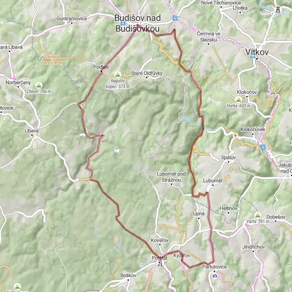 Karten-Miniaturansicht der Radinspiration "Gravel-Tour um Budišov nad Budišovkou" in Moravskoslezsko, Czech Republic. Erstellt vom Tarmacs.app-Routenplaner für Radtouren