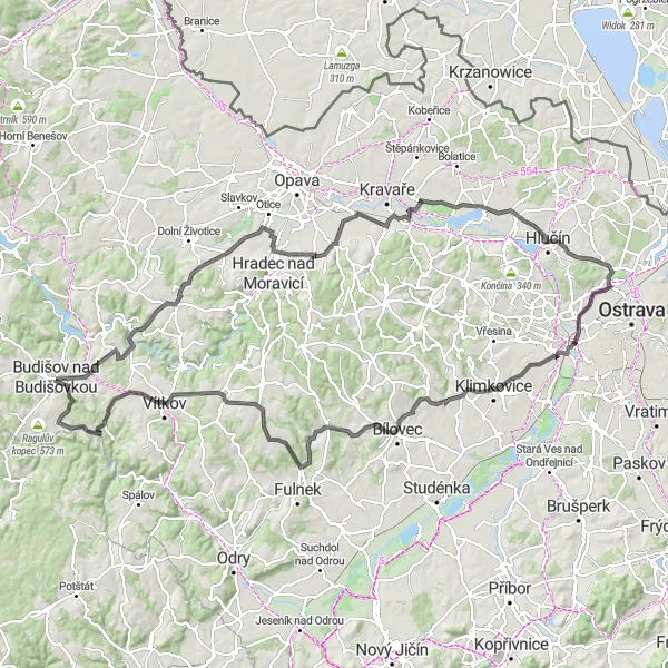 Karten-Miniaturansicht der Radinspiration "Herausfordernde Straßenfahrt mit spektakulären Aussichten" in Moravskoslezsko, Czech Republic. Erstellt vom Tarmacs.app-Routenplaner für Radtouren