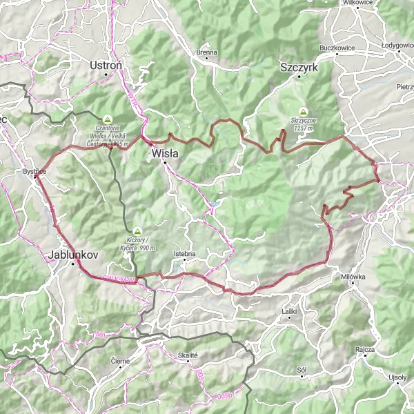 Map miniature of "Mountainous Gravel Cycling Adventure near Bystřice" cycling inspiration in Moravskoslezsko, Czech Republic. Generated by Tarmacs.app cycling route planner