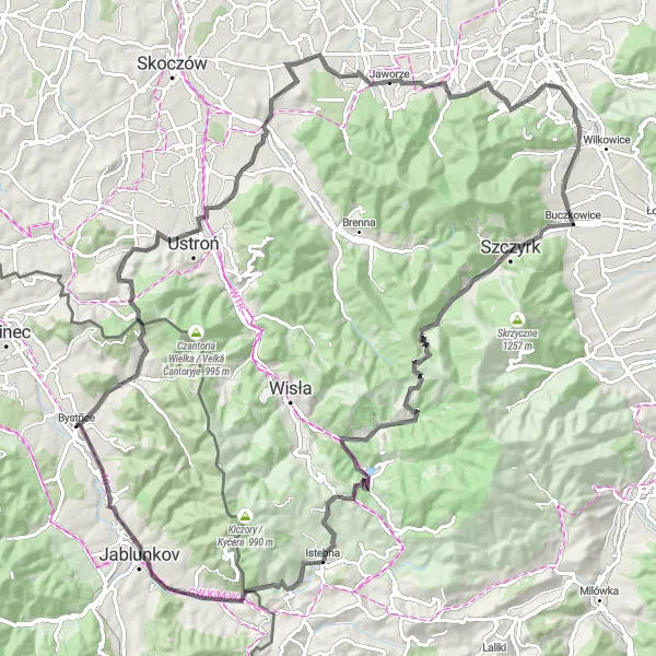 Karten-Miniaturansicht der Radinspiration "Panoramic Views of Beskid Mountains" in Moravskoslezsko, Czech Republic. Erstellt vom Tarmacs.app-Routenplaner für Radtouren