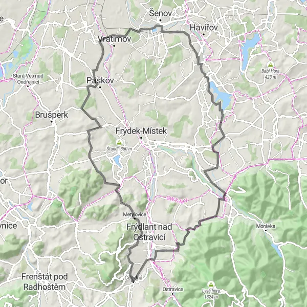 Map miniature of "Kalvárie Circuit" cycling inspiration in Moravskoslezsko, Czech Republic. Generated by Tarmacs.app cycling route planner