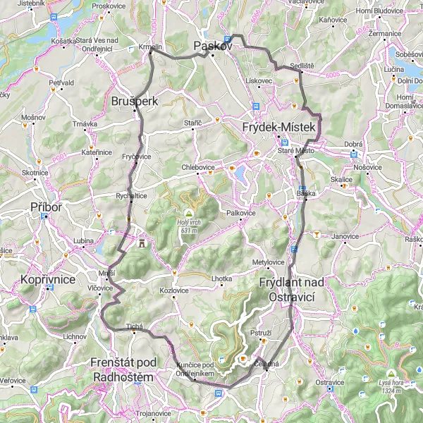 Mapa miniatúra "Okruh kolem Ondřejníka" cyklistická inšpirácia v Moravskoslezsko, Czech Republic. Vygenerované cyklistickým plánovačom trás Tarmacs.app