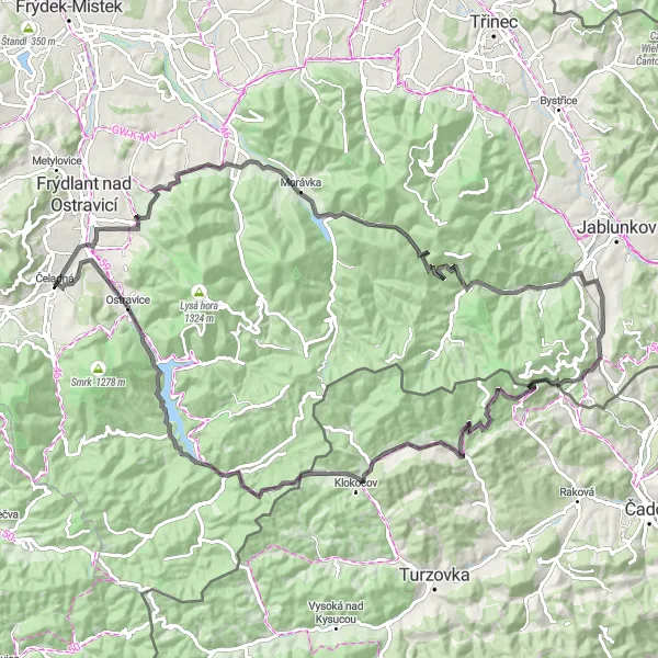 Karten-Miniaturansicht der Radinspiration "Hügellandschaftsroute um Čeladná" in Moravskoslezsko, Czech Republic. Erstellt vom Tarmacs.app-Routenplaner für Radtouren