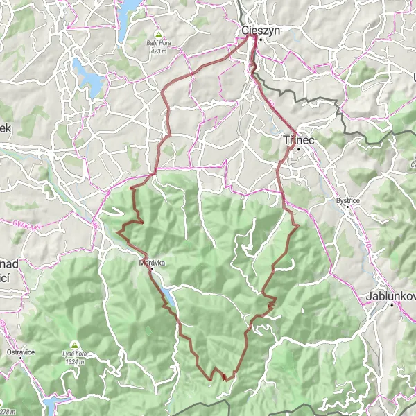 Miniaturní mapa "Gravelový okruh k Českému Těšínovi" inspirace pro cyklisty v oblasti Moravskoslezsko, Czech Republic. Vytvořeno pomocí plánovače tras Tarmacs.app