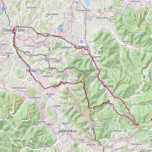 Miniaturní mapa "Gravelový výlet s historií" inspirace pro cyklisty v oblasti Moravskoslezsko, Czech Republic. Vytvořeno pomocí plánovače tras Tarmacs.app