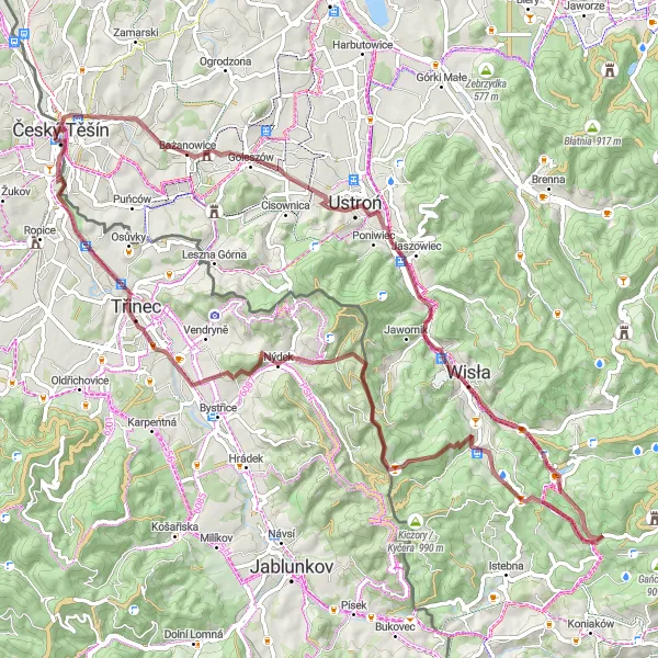 Mapa miniatúra "Gravel cyklotrasa cez horské pasáže a historické pamiatky" cyklistická inšpirácia v Moravskoslezsko, Czech Republic. Vygenerované cyklistickým plánovačom trás Tarmacs.app