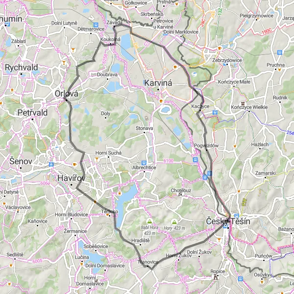 Miniatura mapy "Śladami historii i widokami na Czeski Cieszyn" - trasy rowerowej w Moravskoslezsko, Czech Republic. Wygenerowane przez planer tras rowerowych Tarmacs.app