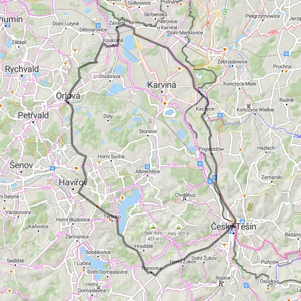 Map miniature of "Historical Road Ride" cycling inspiration in Moravskoslezsko, Czech Republic. Generated by Tarmacs.app cycling route planner