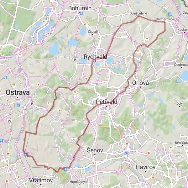 Miniatura mapy "Trasa Gravel: Petřvald - Dolní Lutyně" - trasy rowerowej w Moravskoslezsko, Czech Republic. Wygenerowane przez planer tras rowerowych Tarmacs.app