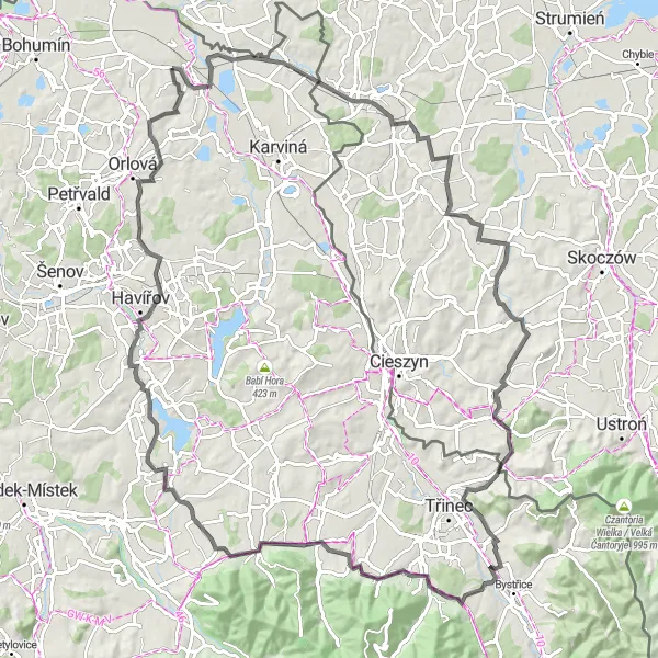 Map miniature of "The Ultimate Road Challenge of Moravskoslezsko" cycling inspiration in Moravskoslezsko, Czech Republic. Generated by Tarmacs.app cycling route planner