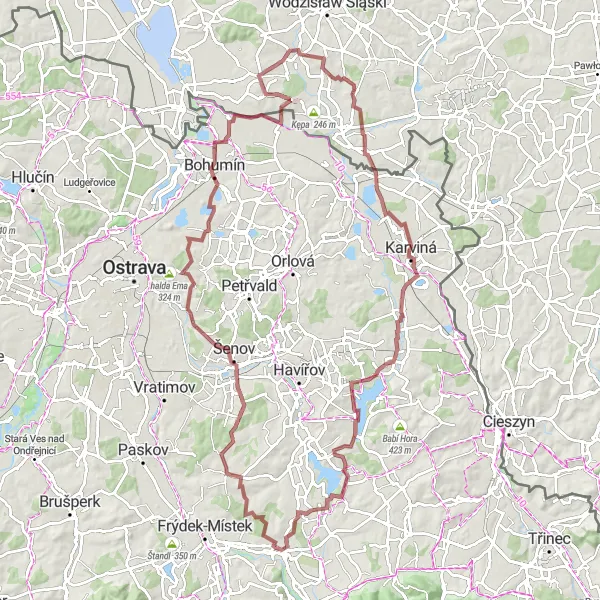 Miniaturní mapa "Gravelový výlet kolem Karviné" inspirace pro cyklisty v oblasti Moravskoslezsko, Czech Republic. Vytvořeno pomocí plánovače tras Tarmacs.app